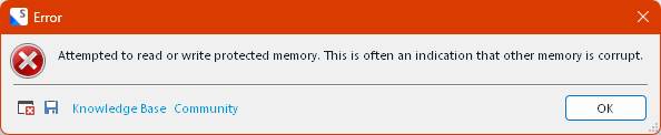 Error dialog box with a red cross icon, titled 'Error'. Message reads 'Attempted to read or write protected memory. This is often an indication that other memory is corrupt.' Buttons for 'Knowledge Base' and 'Community' are present, along with an 'OK' button.