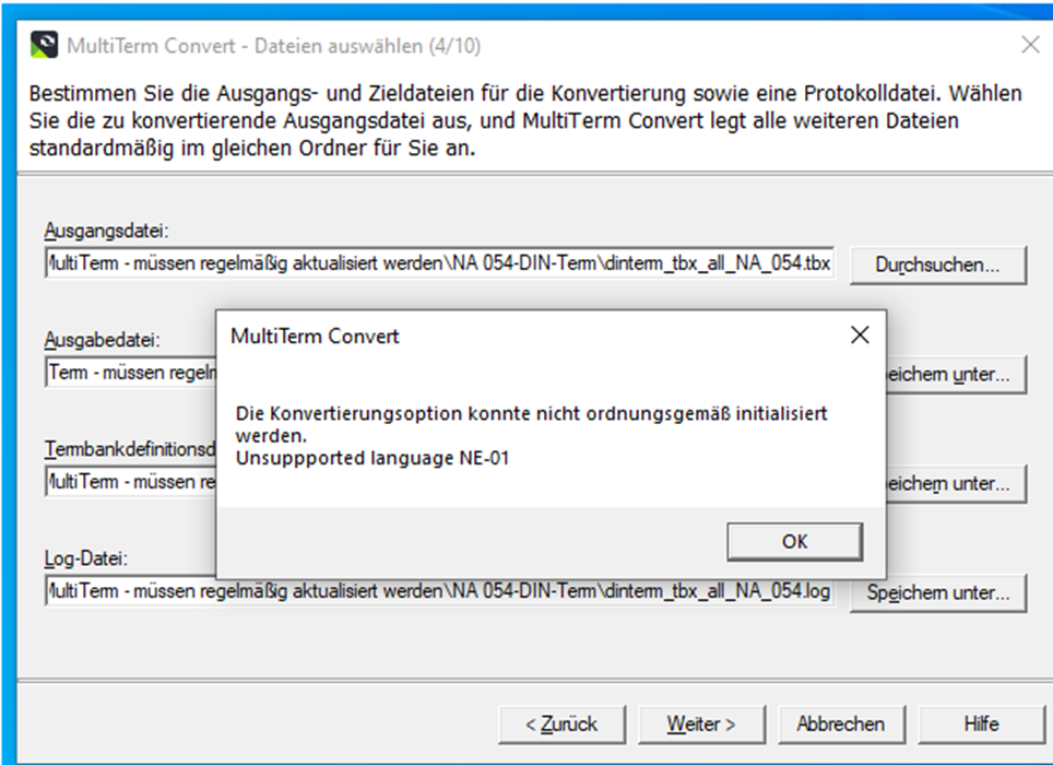 Screenshot of MultiTerm Convert error message: 'Die Konvertierungsoption konnte nicht ordnungsgemaess initialisiert werden. Unsupported language NE-01' with OK button.