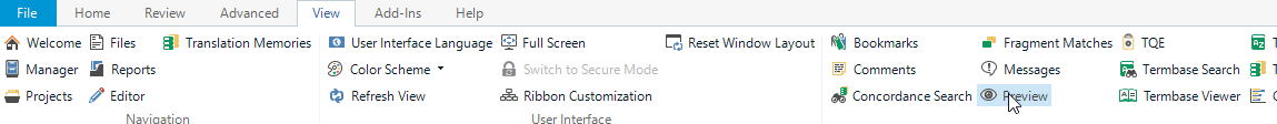 Screenshot of Trados Studio editor with the View tab selected, showing options like Preview, Full Screen, and Reset Window Layout.