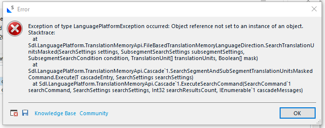 Error dialog in Trados Studio 2024 displaying 'Exception of type LanguagePlatformException occurred: Object reference not set to an instance of an object.' followed by a stack trace.