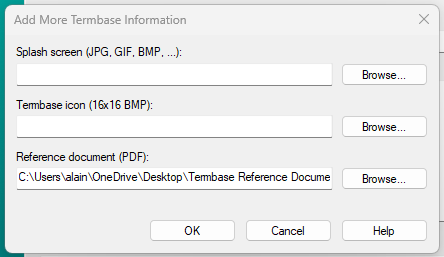 Dialog box titled 'Add More Termbase Information' with fields to add Splash screen, Termbase icon, and Reference document. A file path for the Reference document is shown.