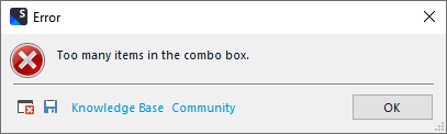 Error dialog box in SDL Trados Studio with a red cross icon, stating 'Too many items in the combo box.' with Knowledge Base and Community links and an OK button.