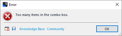 Error dialog box with a red cross icon, titled 'Error'. Message reads 'Too many items in the combo box.' Below are two buttons: 'Knowledge Base' and 'Community', and an 'OK' button.