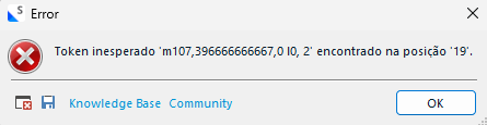 Error dialog box from Trados Studio displaying 'Token inesperado 'm107,396666666667,10,2' encontrado na posicao '19'.