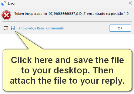 Screenshot of an error dialog in Trados Studio with the message 'Token inesperado 'm107,396666666667,0,10 2' encontrado na posicao '19.' A tooltip suggests clicking to save a file to the desktop for attachment to a reply.