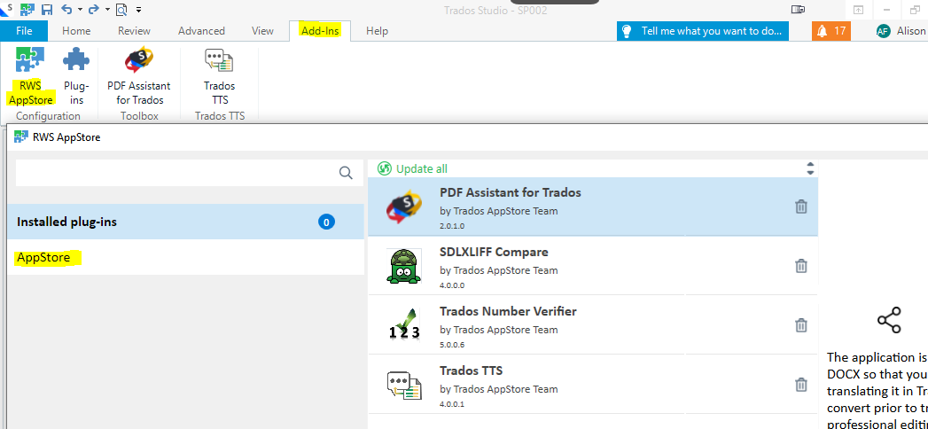 Trados Studio interface showing the Add-Ins tab with RWS AppStore selected. The PDF Assistant for Trados plugin is installed with no updates available.