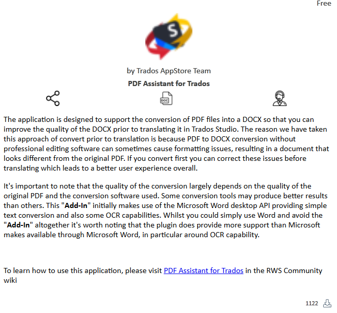 Detailed description of the PDF Assistant for Trados plugin from the RWS AppStore, explaining its purpose and features.