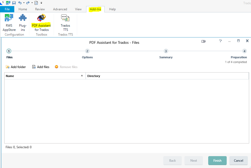 PDF Assistant for Trados - Files window with options to Add folder, Add files, and Remove files. No files are currently added or selected.