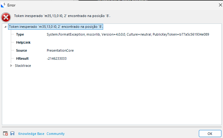 Screenshot of an error dialog in Trados Studio. The error message reads 'Unexpected token 'm35,13,10,0,2' found at position '8'.' Additional details include a System.FormatException and a stack trace reference.