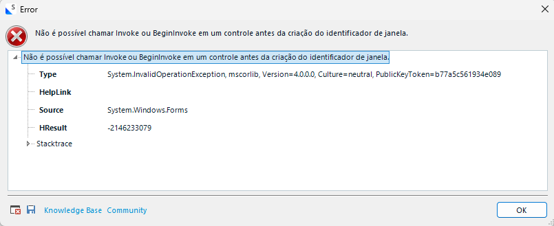 Error dialog in Trados Studio with a message: 'Nao e possivel chamar Invoke ou BeginInvoke em um controle antes da criacao do identificador de janela.' and details about the error type, help link, source, result, and stack trace.