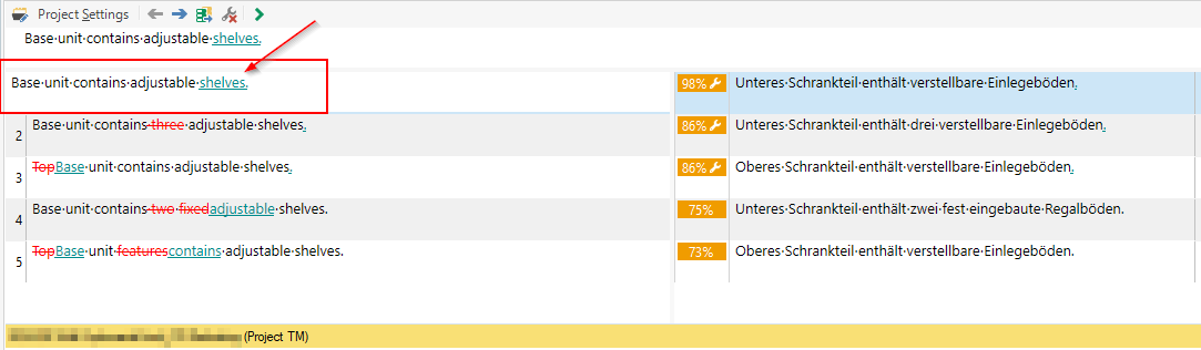 First screenshot of Trados Studio interface showing a translation memory (TM) results display issue. The TM result number is missing, and only additions to the TM entry are highlighted in red without showing the missing parts.