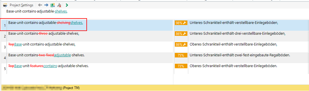 Second screenshot of Trados Studio after manually selecting 'Lookup translations'. TM results are displayed correctly with the TM result number visible and both additions and missing parts properly highlighted.