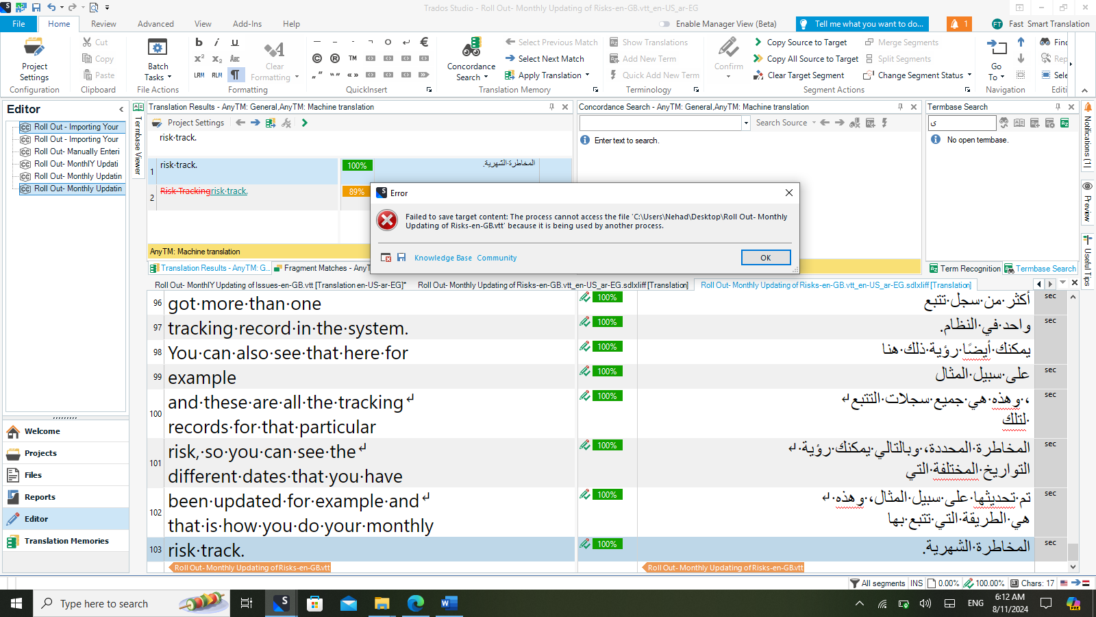 Screenshot of Trados Studio 2022 with an error message window stating 'Failed to save target content: The process cannot access the file because it is being used by another process.' The background shows the Trados Studio interface with a document open in the Editor view, containing both English and Arabic text.