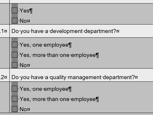 Screenshot of a Word document with form fields. The first segment asks if there is a development department with options 'Yes' and 'No' checkboxes.