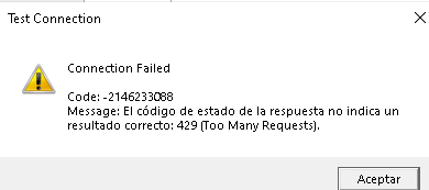 Test Connection pop-up window with a warning icon showing 'Connection Failed'. Error code: -2146233088 and message indicating an incorrect response status code: 429 (Too Many Requests). Accept button at the bottom.