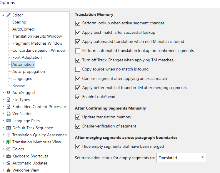 Screenshot of Trados Studio Options menu focused on Translation Memory settings. Options for lookup, applying matches, and updating the translation memory are checked.