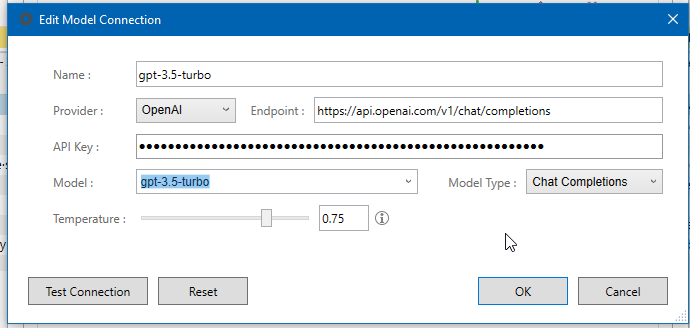 Screenshot of the 'Edit Model Connection' dialog in Trados Studio with fields for Name, Provider, Endpoint, API Key, Model, Model Type, and Temperature. The Name is set to 'gpt-3.5-turbo', Provider to 'OpenAI', Endpoint to a URL, and Model to 'gpt-3.5-turbo'. Temperature is set to 0.75. No errors are visible.