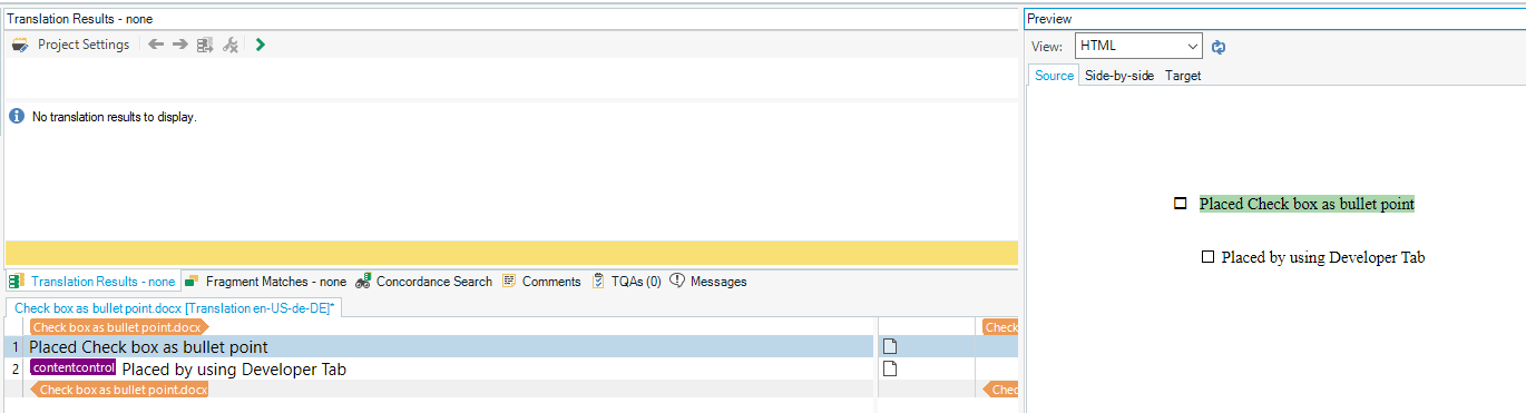 Trados Studio screenshot showing no translation results. The Translation Results pane is empty. Below, a document named 'Check box as bullet point.docx' is open with two segments. Segment 1 has a bullet point followed by 'Placed Check box as bullet point'. Segment 2 has 'contentcontrol Placed by using Developer Tab'. On the right, the Preview pane shows checkboxes corresponding to the segments.