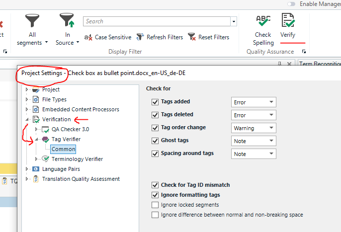 Trados Studio screenshot showing Project Settings with Tag Verifier selected, highlighting options for tag verification such as 'Tags added', 'Tags deleted', and 'Tag order change'.