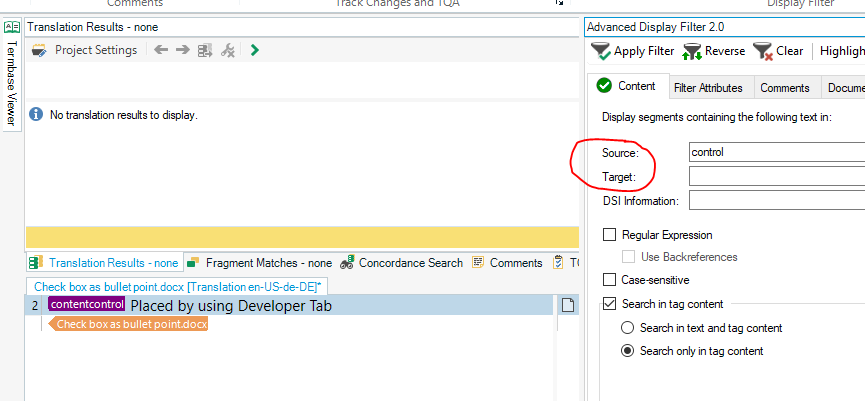 Trados Studio Advanced Display Filter screenshot with the Source field filled with 'control', indicating a search for tags named 'control' in the source text of a translation project.