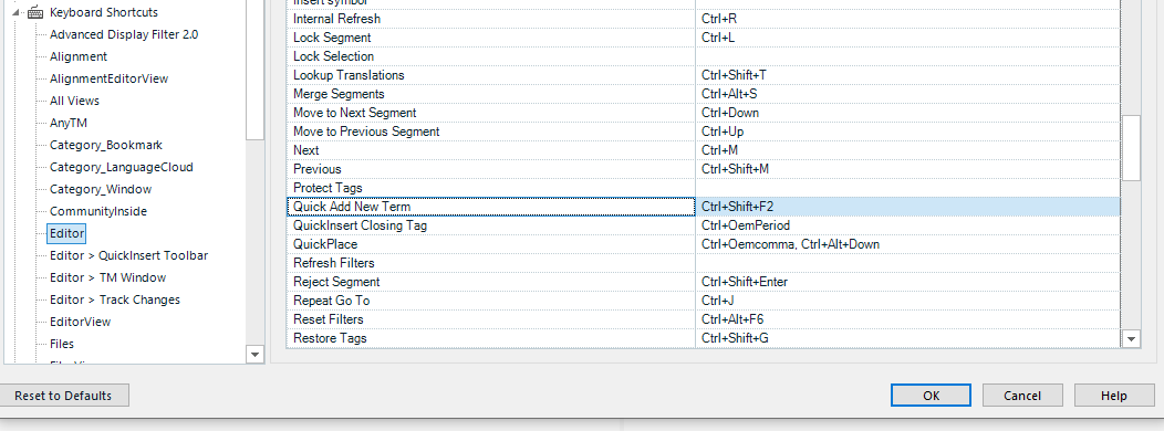 Screenshot of Trados Studio's 'Keyboard Shortcuts' settings window with 'Editor' expanded, highlighting 'Quick Add New Term' with the shortcut Ctrl+Shift+F2.