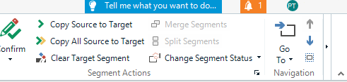 Close-up of Trados Studio's Home tab highlighting the 'Tell me what you want to do...' search bar and a notification icon with a number 1.