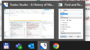 Partial view of Trados Studio window in the taskbar with a 'Find and Replace' dialog box open on the desktop.