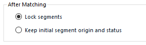 Trados Studio option dialog with 'After Matching' settings showing two radio buttons: 'Lock segments' selected and 'Keep initial segment origin and status'.