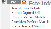 Close-up of Trados Studio interface showing Translation Details with Status as Signed Off and Origin as PerfectMatch.