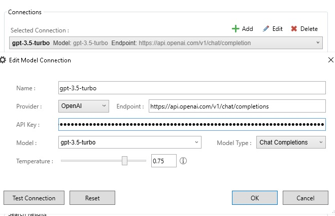 Screenshot of a software interface showing a dialog box titled 'Edit Model Connection' with fields for Name, Provider, Endpoint, API Key, Model, Model Type, and Temperature. A connection named 'gpt-3.5-turbo' is selected.