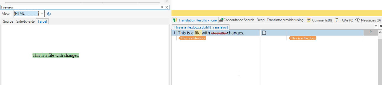 Trados Studio interface showing a source file with the text 'This is a file with changes' and a target file with the text 'This is a file with tracked-changes.'