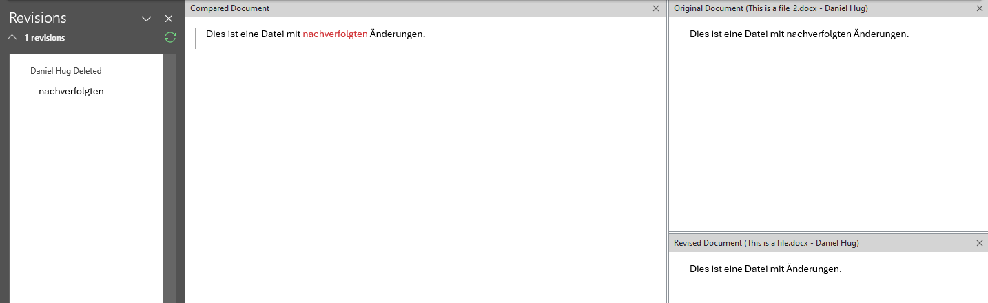 Word document comparison interface with 'Revisions' panel showing 'Daniel Hug Deleted nachverfolgten' and the compared document text 'Dies ist eine Datei mit nachverfolgten Aenderungen.'