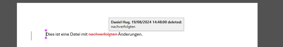 Close-up of a Word document with a comment by 'Daniel Hug' stating '19082024 14:48:00 deleted: nachverfolgten' next to the text 'Dies ist eine Datei mit nachverfolgten Aenderungen.'