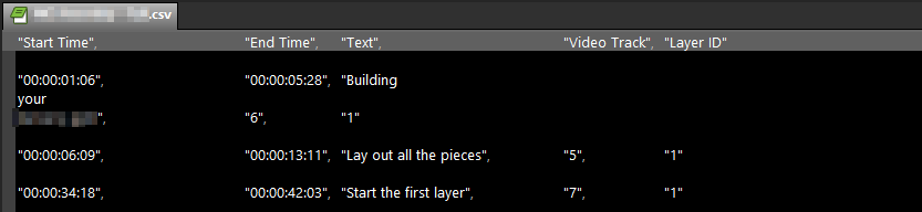 Screenshot of a CSV file with columns for 'Start Time', 'End Time', 'Text', 'Video Track', and 'Layer ID'. Rows contain time-coded text data for video editing.