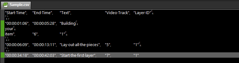 Screenshot of a CSV file in a text editor showing columns like 'StartTime', 'EndTime', 'Text', 'VideoTrack', 'LayerID' with example content and soft line breaks (CR).