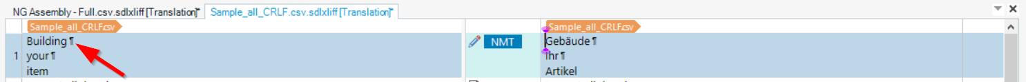 Screenshot of Trados Studio interface showing a segment with a source text 'Building' followed by a line break and 'your' and a target text 'Gebaeude' followed by a line break and 'dein'. A red arrow points to the line break in the source segment.
