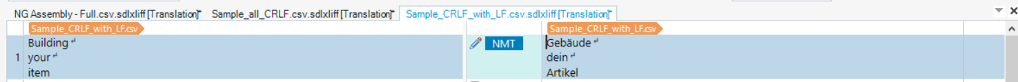 Screenshot of Trados Studio interface with a segment displaying source text 'Building' followed by a line break and 'your' and target text 'Gebaeude' followed by a line break and 'dein'. No arrows or highlights present.
