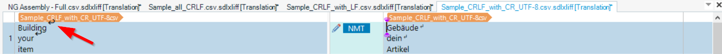 Screenshot of Trados Studio interface with a segment where the source text 'Building' is followed by a line break and 'your' and the target text 'Gebaeude' is followed by a line break and 'dein'. A red arrow indicates the line break in the source segment.