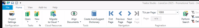 Screenshot of Trados Studio 2022 SR2 interface showing the Home tab with options like Project Settings, Open, New, and Align Documents. Batch Delete option is not visible.