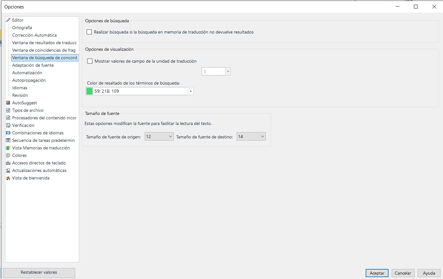Screenshot of Trados Studio 2022 options menu with 'Ventana de busqueda de concordancia' selected, showing visualization options and font size settings.
