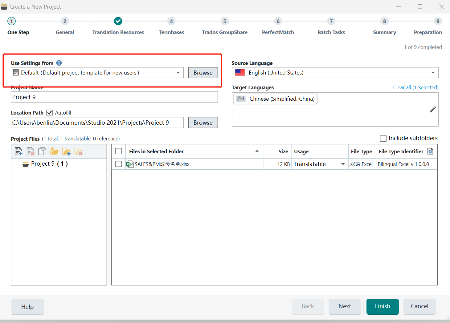 Screenshot of Trados Studio's 'Create a New Project' window with 'Use Settings from' set to 'Default'. A file named 'SALES&PM...xlsx' is listed as 'Translatable' with 'Bilingual Excel v1.0.0.0' file type.