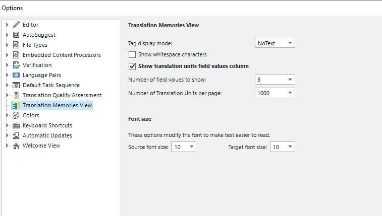 Screenshot of Trados Studio Options window, showing Translation Memories View settings with no visible errors or warnings.