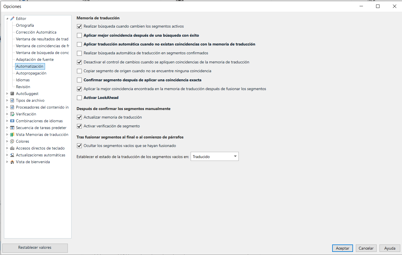 Trados Studio options menu with 'Translation Memory and Automated Translation' settings. 'Search for matches when active segments change' is unchecked.