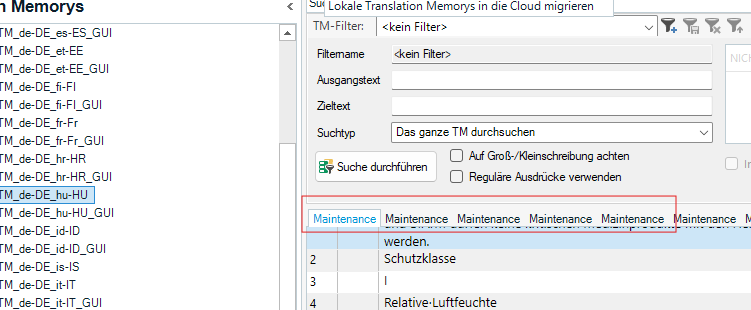 Screenshot of Trados Studio Translation Memory pane showing multiple tabs labeled 'Maintenance' instead of the TM names.