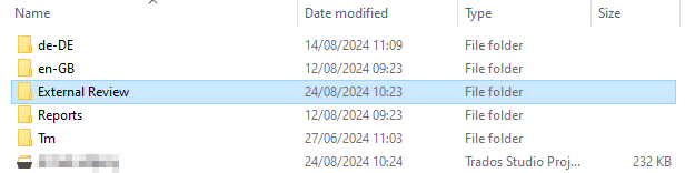 Screenshot of a file explorer window showing folders related to Trados Studio. Highlighted is the 'External Review' folder with a date modified of 24082024 10:23.