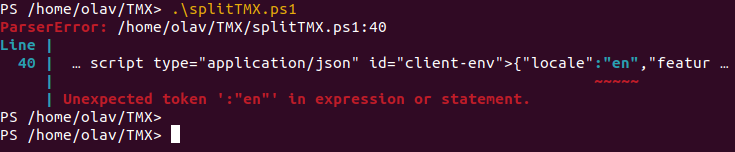 Screenshot of a PowerShell error message in a Linux terminal indicating 'Unexpected token '"en"' in expression or statement at line 40.'