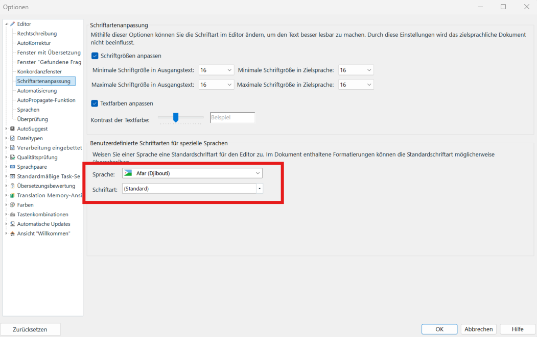 Trados Studio 2022 options menu with Font Adaptation settings open. The user-defined fonts for specific languages section shows 'Language: Afar (Djibouti)' and 'Font: (Standard)' in a dropdown menu, highlighted with a red box indicating an issue or selection.