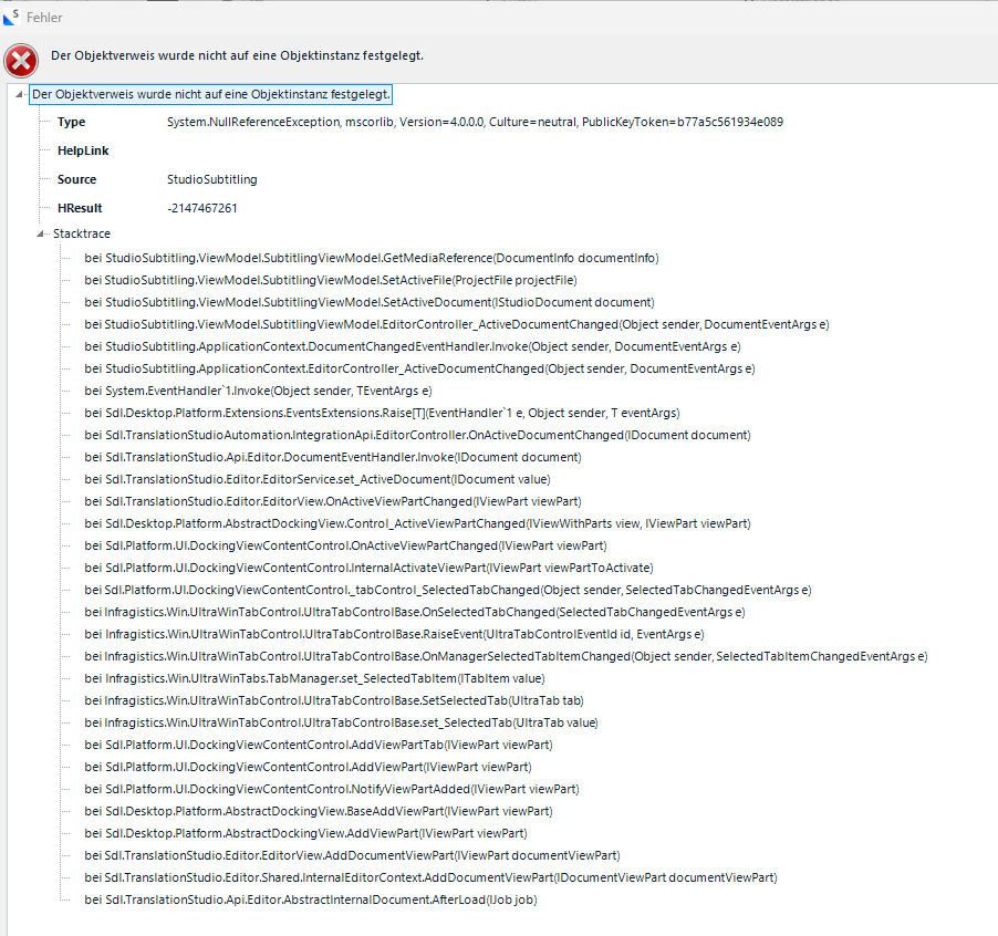 Error message in Trados Studio showing 'Der Objektverweis wurde nicht auf eine Objektinstanz festgelegt.' with a stack trace listing multiple method calls related to StudioSubtitling and system events.