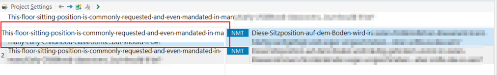 Screenshot of Trados Studio TM results window showing a display error with overlapping text in the source and target segments.