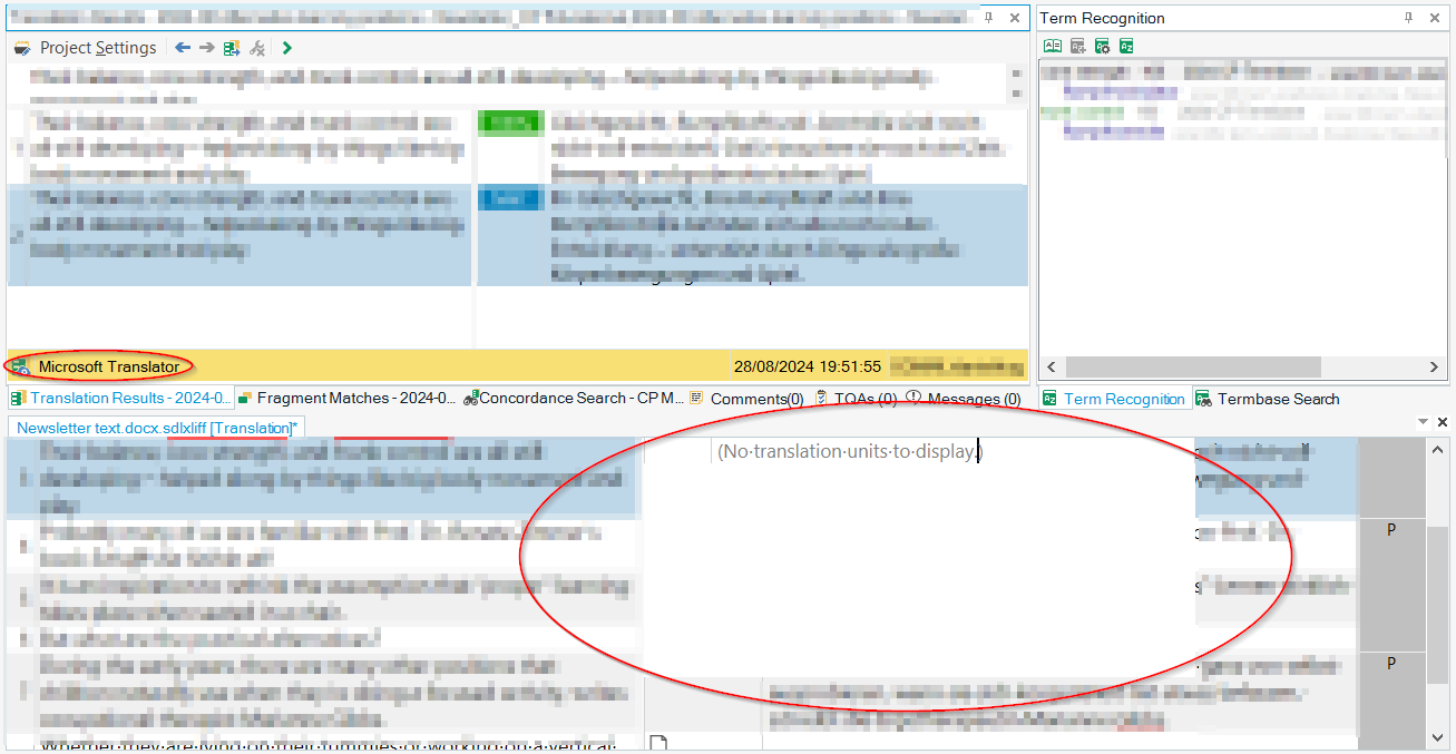 Screenshot of Trados Studio with Microsoft Translator turned on, showing an error message 'No translation units to display' in the Translation Results pane.